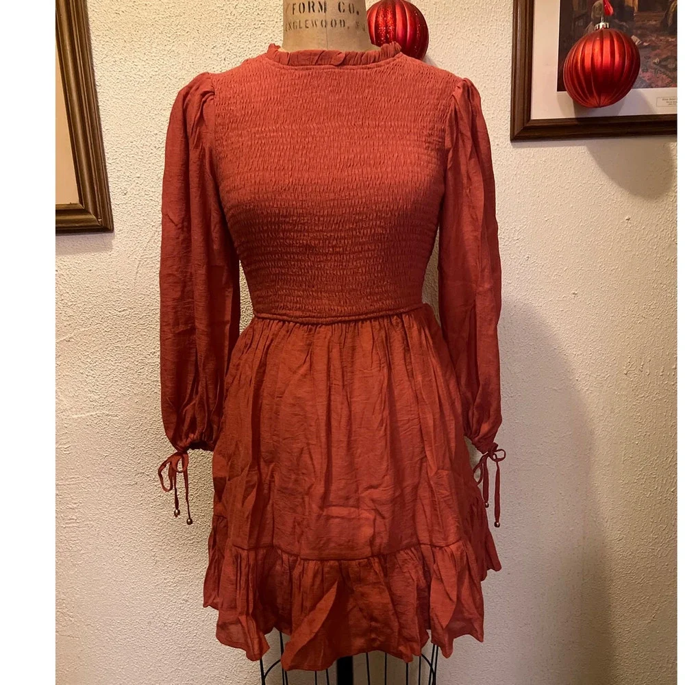 Smocked Frilled Neck Puff Sleeve Ruffle Hem Mini Dress NWOT Size S - Picture 3 of 11